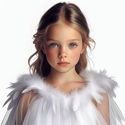 Young girl with white feathers