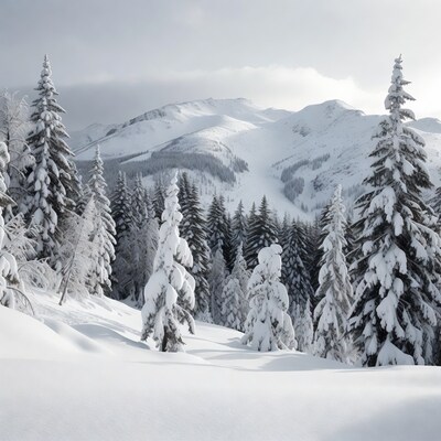 Snowy mountain landscape with pine trees