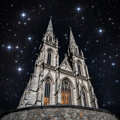 Gothic cathedral towers under starry sky
