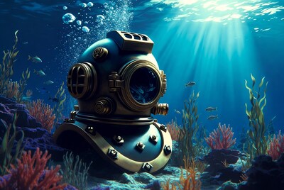 Vintage diving helmet underwater
