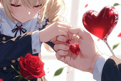 Anime girl receiving heart from hand