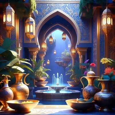 Ornate Moroccan Courtyard with Fountain
