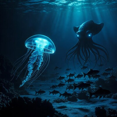 Glowing Jellyfish and Squid Underwater