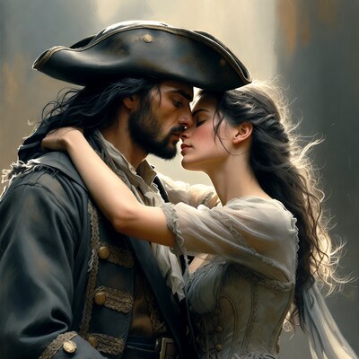 Pirate couple embracing closely
