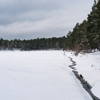 Snowy landscape with frozen river
