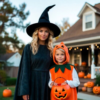 Woman and child in Halloween costumes