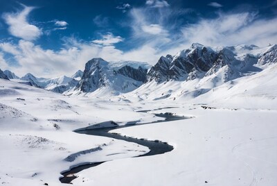 Snowy mountain river landscape