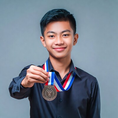Asian teen boy holding medal