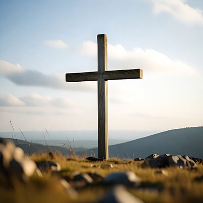 Wooden cross on hill