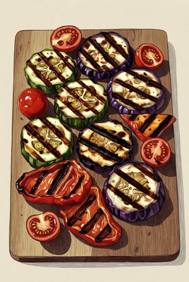 Grilled vegetables on wooden board