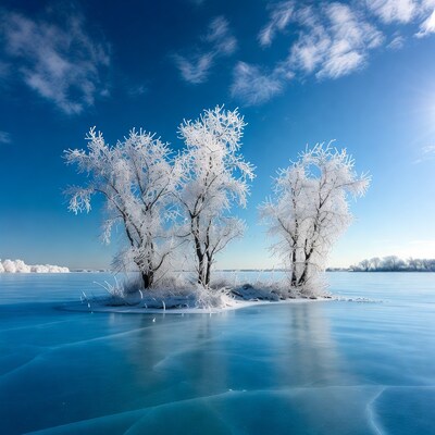 Frosted trees on frozen lake