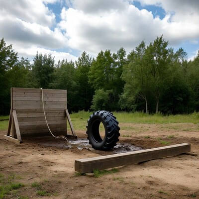 Wooden obstacle course with tire