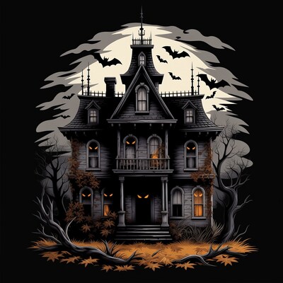 Haunted house with bats at night