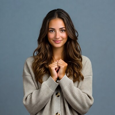 Woman smiling with hands clasped