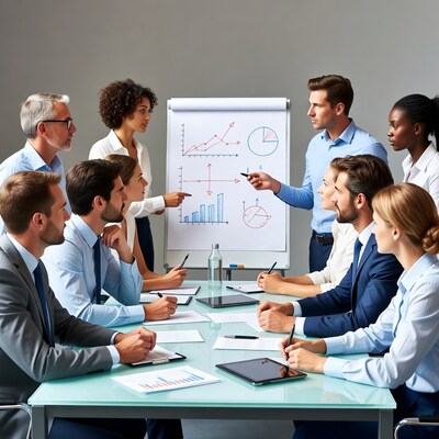 Business team discussing charts in meeting