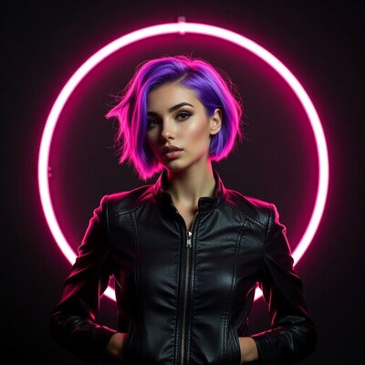 Woman with purple hair and neon light
