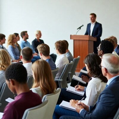 Businessman speaking at podium to audience