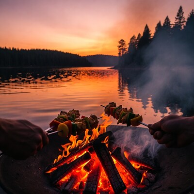 Hands holding skewers over campfire