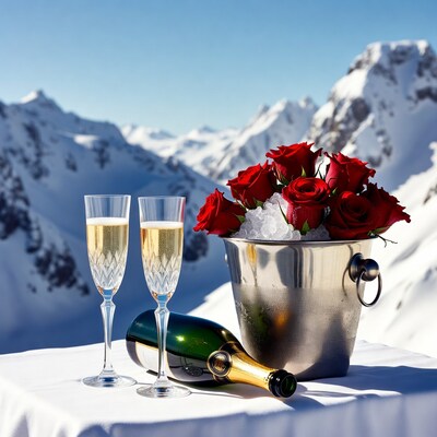 Champagne and roses in snow