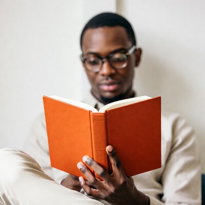Man reading an orange book
