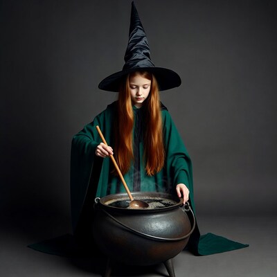 Young witch stirring cauldron