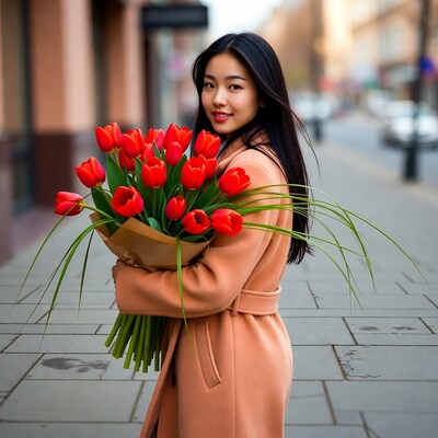 Asian woman holding red tulips