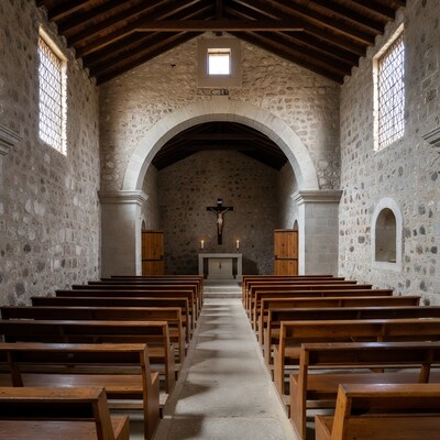 Empty church interior with wooden pews