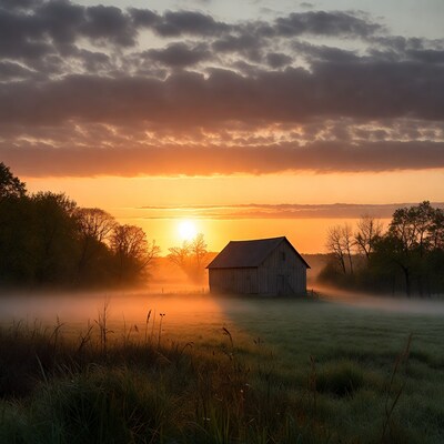 Barn at sunrise in misty field