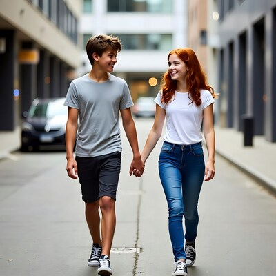 Teen Boy and Girl Holding Hands