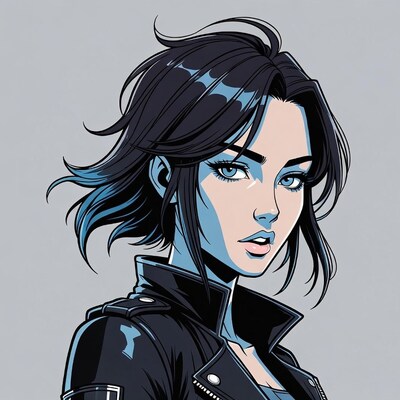 Blue haired woman in leather jacket