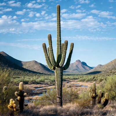 Tall Saguaro Cactus in Desert Landscape