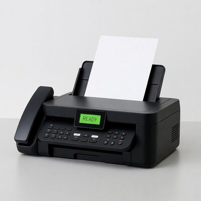Black fax machine with paper
