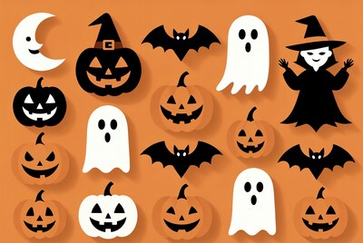 Halloween Icons on Orange Background