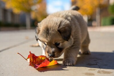 Puppy sniffing autumn leaf