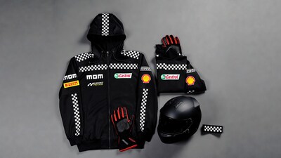 Racing jacket with helmet and gloves
