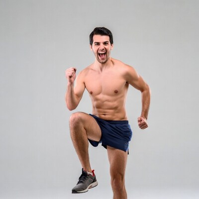 Shirtless man running with fist raised