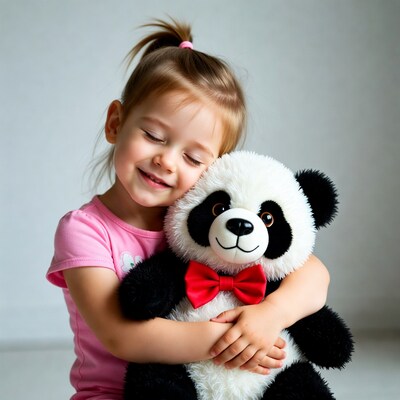 Girl hugging panda teddy bear