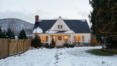 Snowy house with Christmas lights