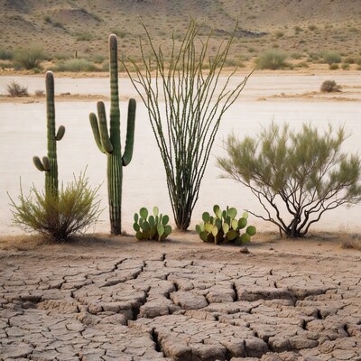 Desert cacti in cracked dry ground