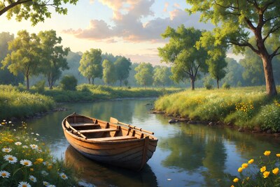 Wooden boat on calm river