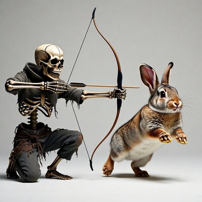 Skeleton aiming bow at rabbit