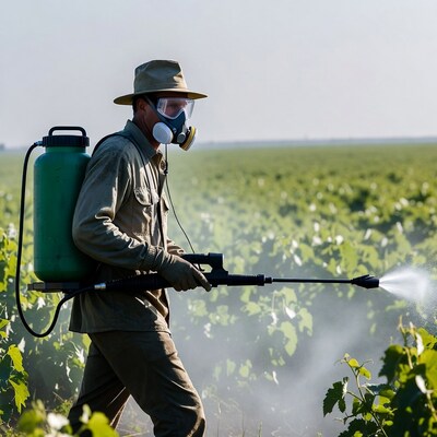 Farmer spraying crops with pesticide