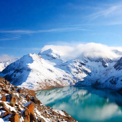 Snowy mountains with turquoise lake