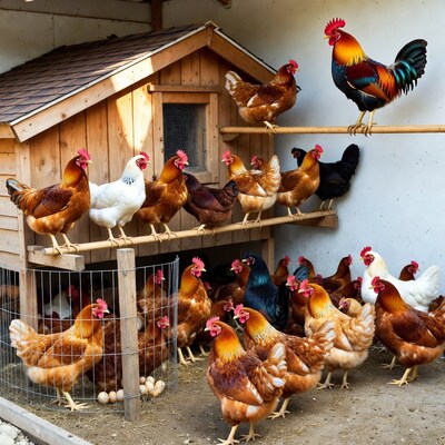 Chickens and Rooster on Wooden Coop