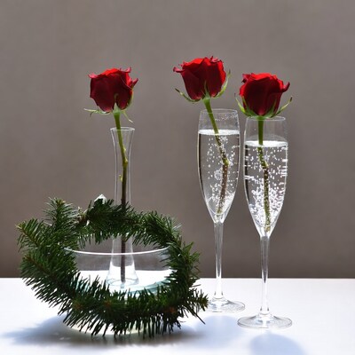 Red roses in glasses with wreath