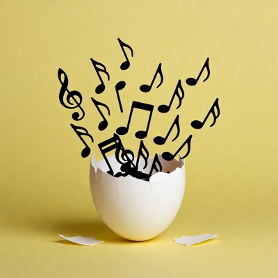 Music notes hatching from egg