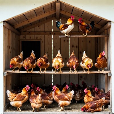 Chickens and roosters in wooden coop