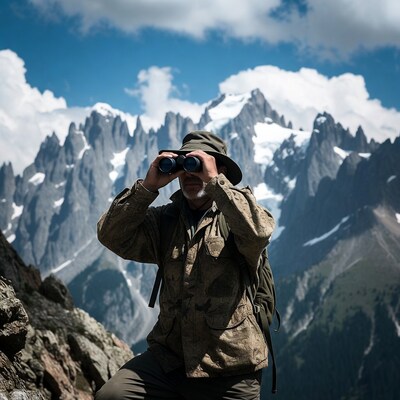 Man with binoculars in mountains