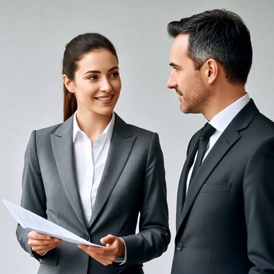 Businesswoman and businessman discussing documents
