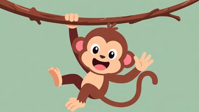 Cartoon monkey hanging from branch